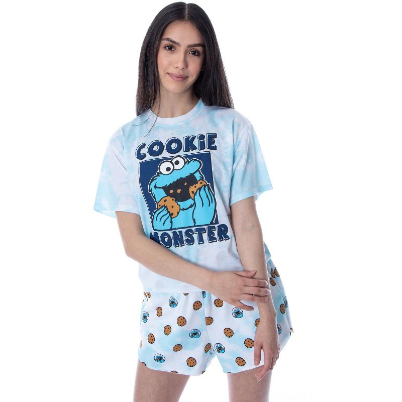 Sesame Street Womens' Cookie Monster Tie Dye Shirt Short Sleep Pajama Set, 1 of 7