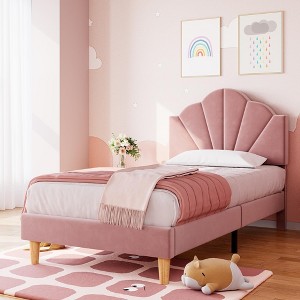 Coolmee Twin/Twin XL Bed Frame, Velvet Upholstered Platform Bed Frame with Height Adjustable Headboard for Boys and Girls, Wood Slat Support - 1 of 4