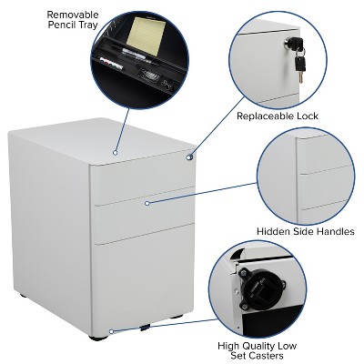 White Mobile 3-Drawer Lockable Filing Cabinet with Casters