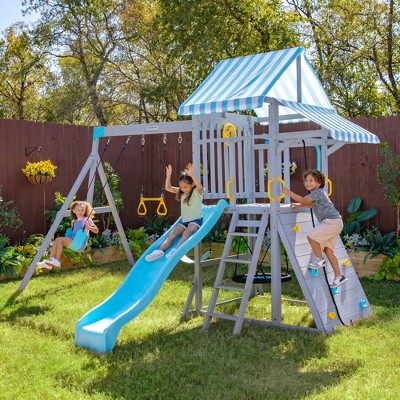 Teamson Kids Everett Plus Swing Set Playset with Platform, Rock Wall, and Wave Slide