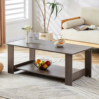 CAVINAS Modern Rectangle Walnut Textured Coffee Table Side Table Display Stand with Storage Shelf for Offices