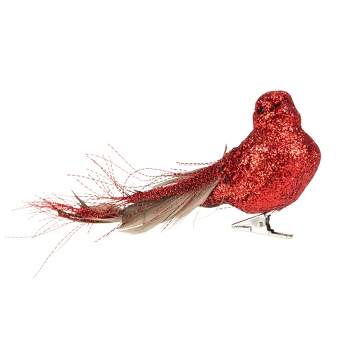 Northlight Glittered Bird with Feather Tail Christmas Clip Ornament - 7" - Red