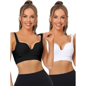 Allegra K Women's Medium Impact V Neck Wireless Padded Deep Fitness Sports Bras 2 Pcs - 1 of 4