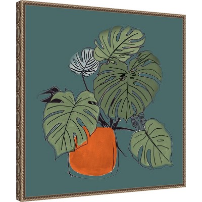 Retro Potted Plant on Teal Canvas Wall Art with Bronze Frame