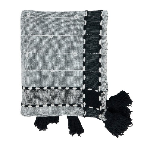 50x60 Woven Warmth Textured Striped with Fringe Throw Blanket Black -  Saro Lifestyle