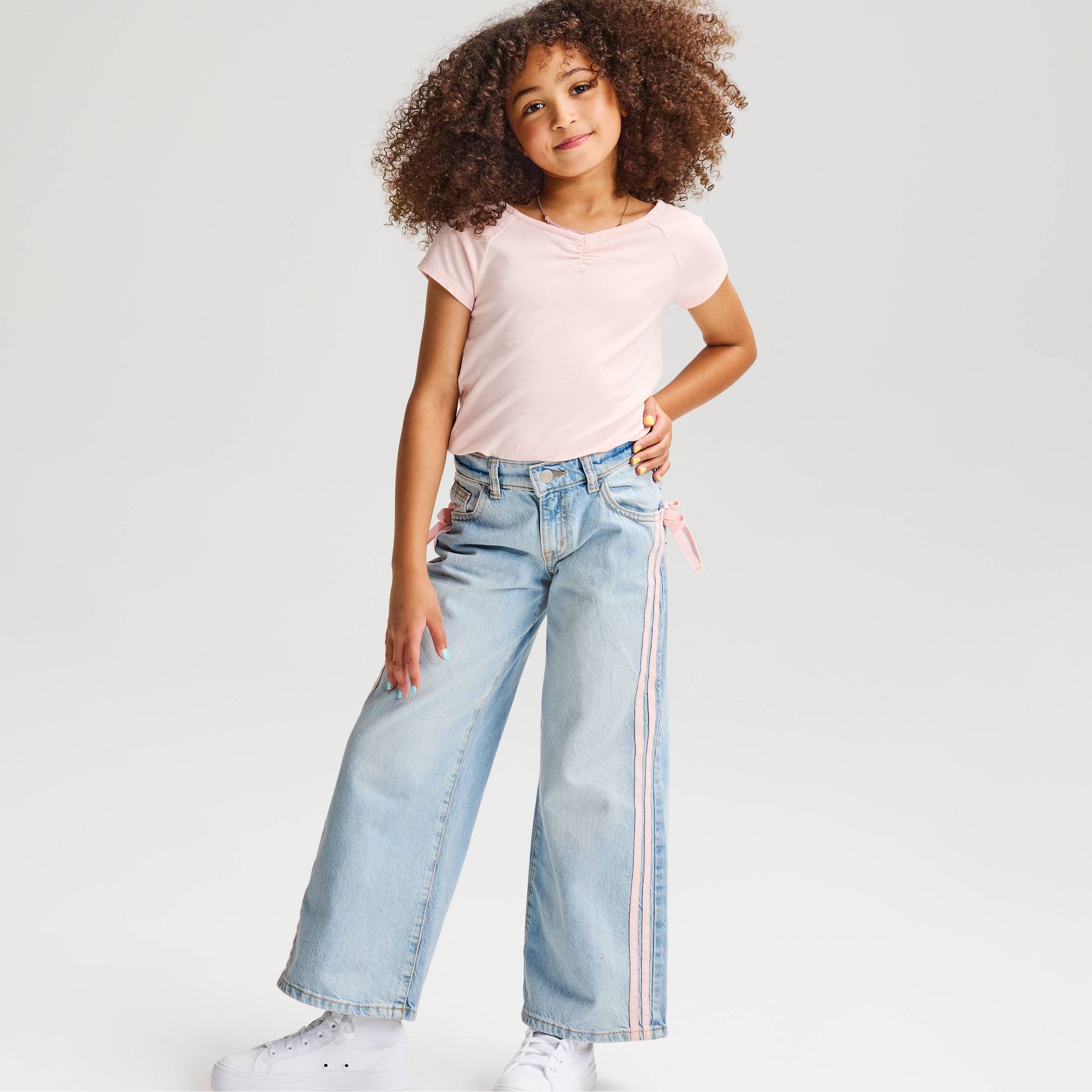 Girls' Mid-Rise Pink Striped Wide Leg Jeans - Cat & Jack™ Light Wash
