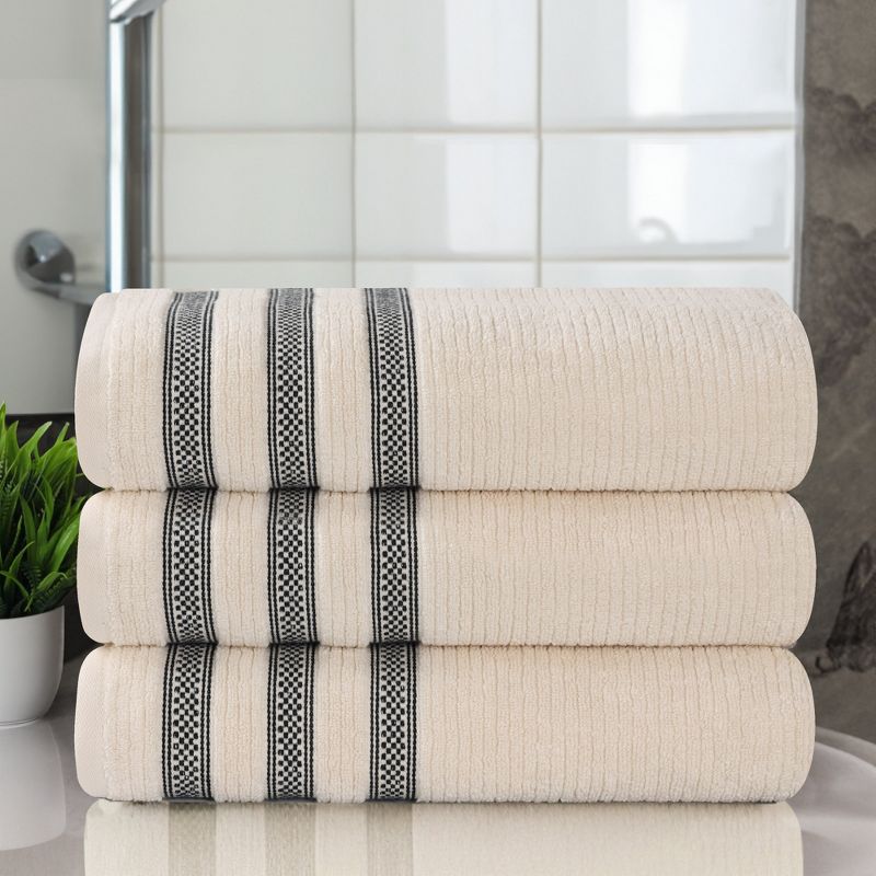 Zero Twist Cotton Ribbed Modern Geometric Border Bath Towel Set of 3 by Blue Nile Mills, 2 of 9