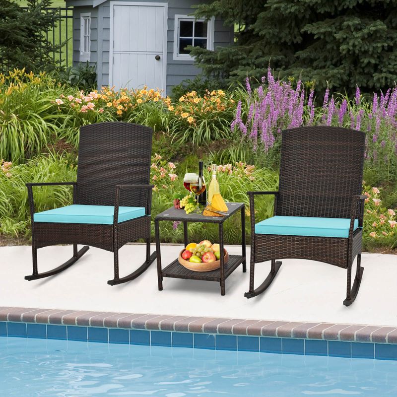 Costway 3 Piece Patio Rocking Set Wicker Rocking Chairs with 2-Tier Coffee Table Turquoise/Off White, 2 of 11