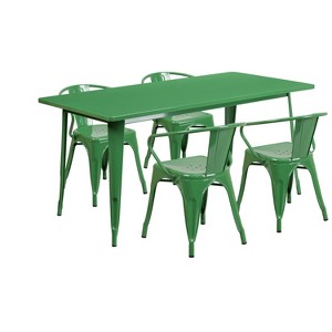 Emma and Oliver Commercial Grade Rectangular Green Metal Indoor-Outdoor Table Set-4 Arm Chairs - 1 of 4