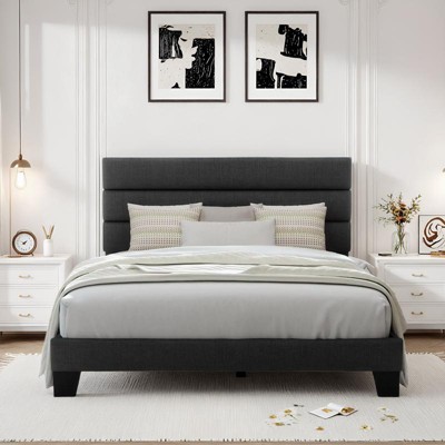 Allewie Platform Bed Frame with Fabric Upholstered Headboard and Wooden Slats Support, Fully Upholstered Mattress Foundation/No Box Spring Needed