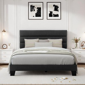 Allewie Platform Bed Frame with Fabric Upholstered Headboard and Wooden Slats Support, Fully Upholstered Mattress Foundation/No Box Spring Needed - 1 of 4