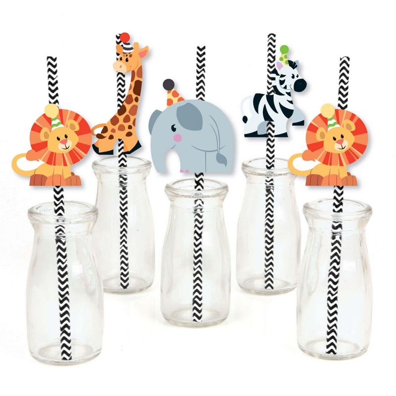 Big Dot of Happiness Jungle Party Animals - Paper Straw Decor - Safari Zoo Animal Birthday Party or Baby Shower Striped Decorative Straws - Set of 24, 1 of 8