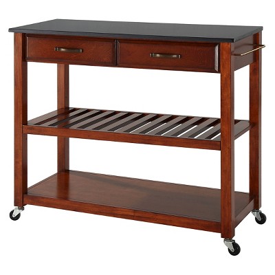 Crosley Solid Black Granite Top Kitchen Cart/Island with Optional Stool Storage Classic Cherry: Modern Rolling Furniture with Storage, 2 Shelves