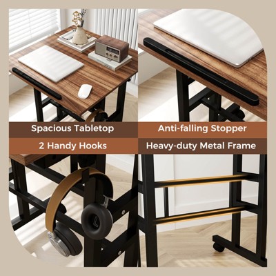 Walnut Adjustable Height Standing Desk with Drawer and Headphone Hook