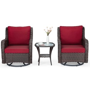3-Piece Outdoor Wicker Patio Bistro Set w/ 2 360-Degree Swivel Rocking Chairs & Tempered Glass Top Side Table, 360° Swivel Patio Set for Backyard - 1 of 4