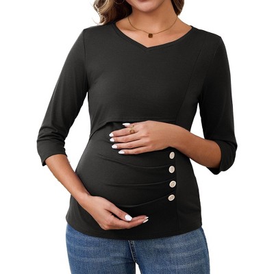 INSPIRE CHIC Women's Nursing Blouse V Neck 3/4 Sleeves Ribbed Knitted Ruched Maternity Tops