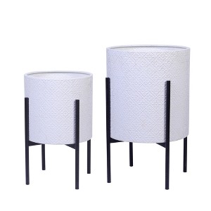LuxenHome Set of 2 White Floral Stamped Metal Cachepot Planters with Black Stands - 1 of 4