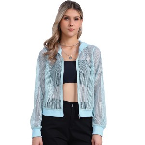 INSPIRE CHIC Women's Zip Up Long Sleeve Mesh Sheer Hoodie Bomber Jackets - 1 of 4
