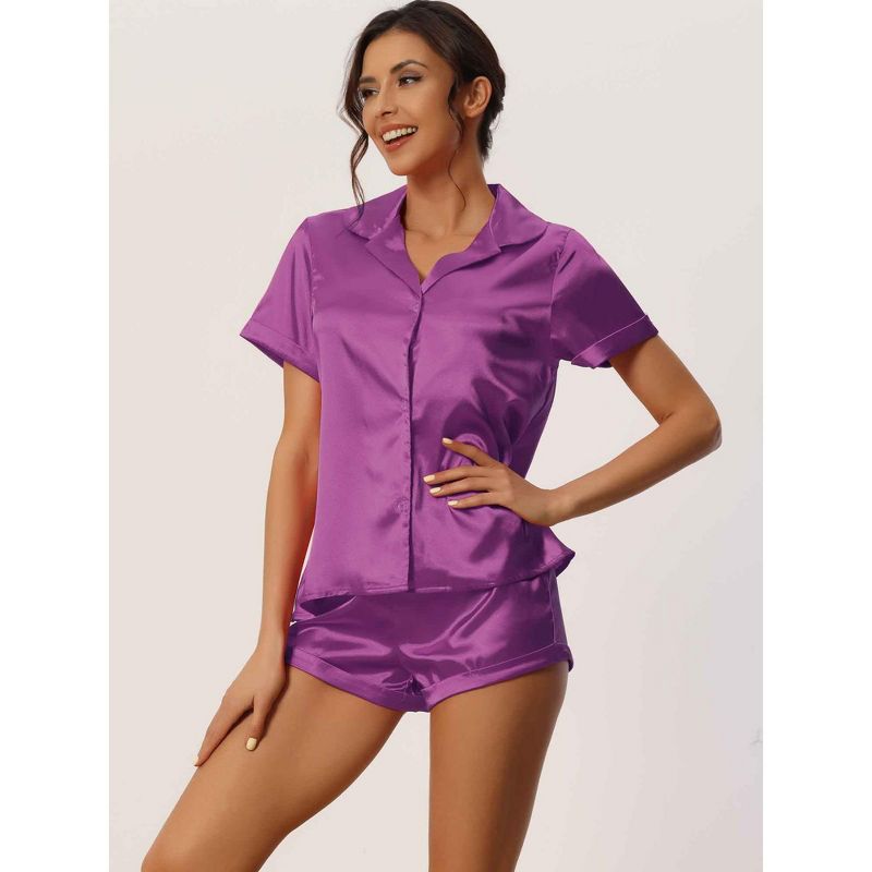 cheibear Women's Satin Button Short Sleeve Shirt and Shorts 2 Pcs Pajama Set, 2 of 6