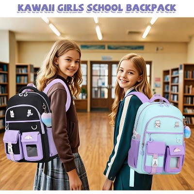 Girls Lightweight Backpack, Kawaii School Bookbag for Kids Ages 6–14, Primary & Elementary School, Green & Purple with Luggage Strap