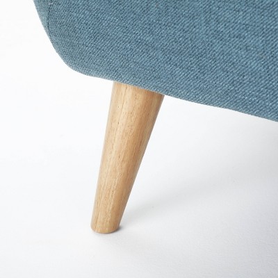 Mid-Century Blue Tufted Fabric Sofa with Wood Legs