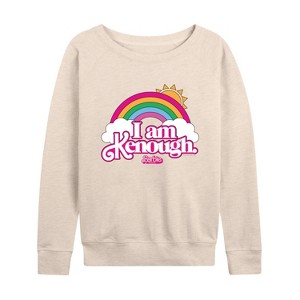 Women's - Barbie - I Am Kenough Rainbow Clouds Lightweight French Terry Wide Neck Long Sleeve Shirt - 1 of 4