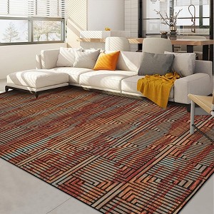 Washable Area Rug Soft Rugs for Living Room Modern Striped Non Slip Rug Geometric Checkered Foldable Print Mat - 1 of 4