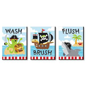 Big Dot of Happiness Pirate Ship Adventures - Skull Birthday Kids Bathroom Rules Wall Art - 7.5 x 10 inches - Set of 3 Signs - Wash, Brush, Flush