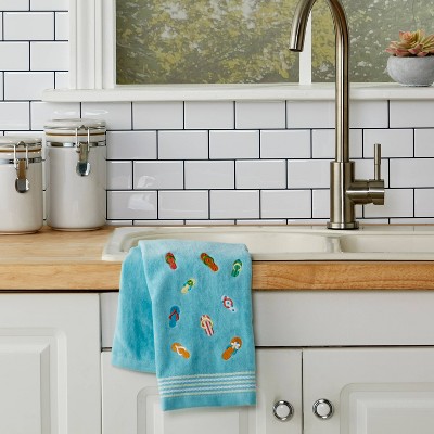 Sky Blue Cotton Hand Towels with Flip Flop Embroidery, 2-Piece Set