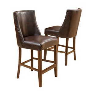 Set of 2 26.5" Harman Counter Height Barstool - Brown Bonded Leather - Christopher Knight Home: Studded, Upholstered, Wood Frame - 1 of 4