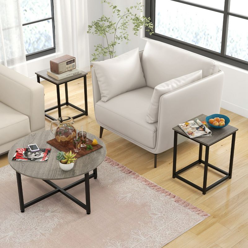 Costway 3 PCS Coffee Table Set Round Coffee Table and 2 PCS Square End Tables Metal Frame, 4 of 11