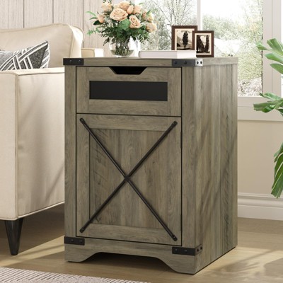 End Table with Charging Station, Nightstand with Drawer & X Barn Door