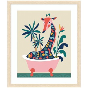 Kate and Laurel Framed Art Mid Century Modern Giraffe in Bathtub by Rachel Lee, 22x26, Woodgrain Stripe Blonde - 1 of 4