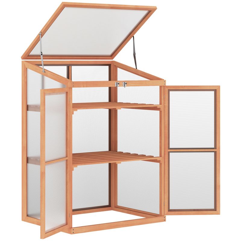 Natural Wood Mini Greenhouse with Adjustable Shelves and Transparent Panels