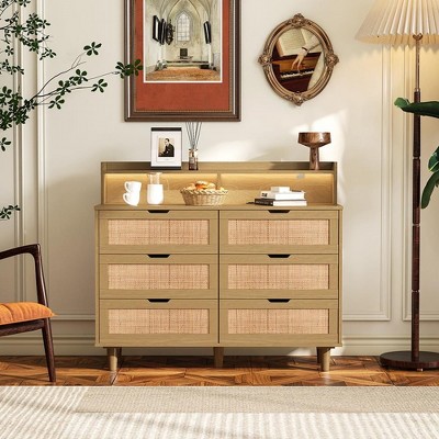 Natural Rattan 6-Drawer Dresser with LED Lights and Power Outlet