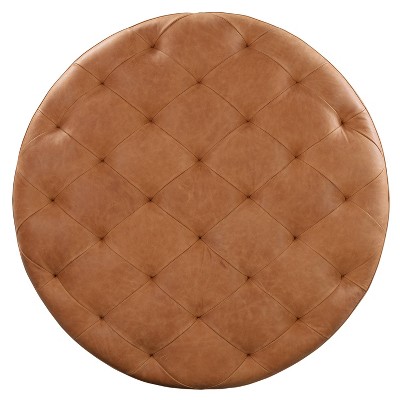 Cognac Tan Round Tufted Leather Ottoman