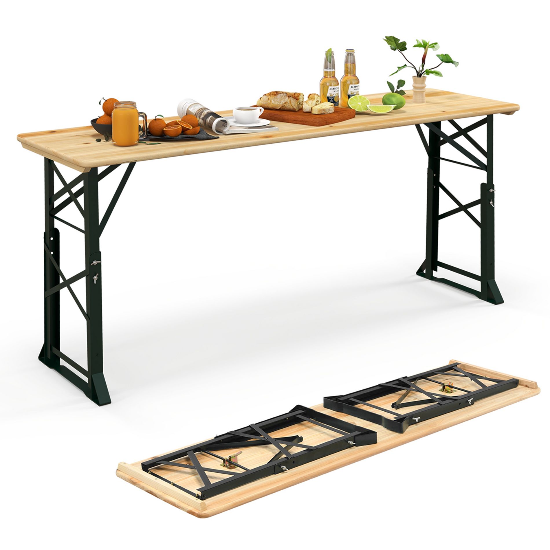 Costway 5.5 Ft Outdoor Folding Wood Picnic Table Height Adjustable Metal Frame