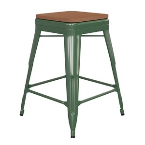 Flash Furniture Kai Commercial Grade 24" High Backless Metal Indoor-Outdoor Counter Height Stool with Poly Resin Wood Seat - 1 of 4