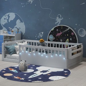 Gulches Twin Montessori Wood Floor Bed Frame with High Rails, LED Light & Storage Shelf, White - 1 of 4