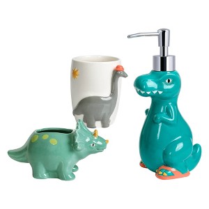 3pc Dinosaur Kids' Bath Set with Tumbler - Allure Home Creations: Kids Bathroom Accessories, Multicolor Ceramic Set - 1 of 4