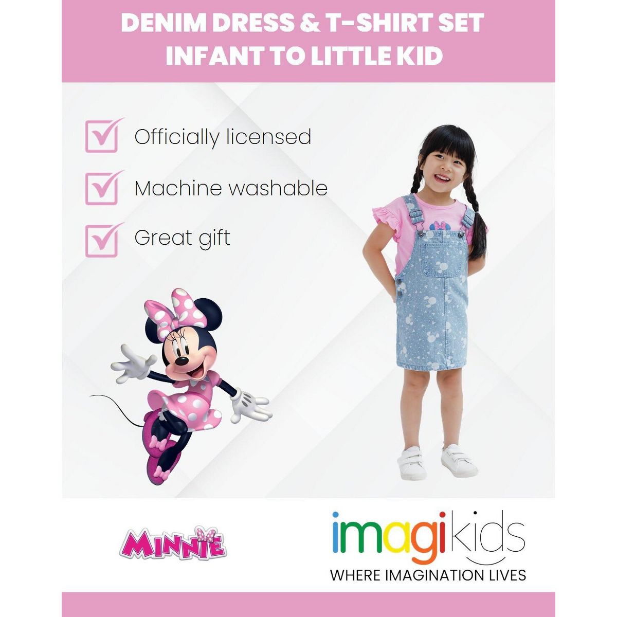 Disney Minnie Mouse Girls Vintage Wash Denim Overall Dress and T-Shirt Outfit Set Toddler - thumbnail 3