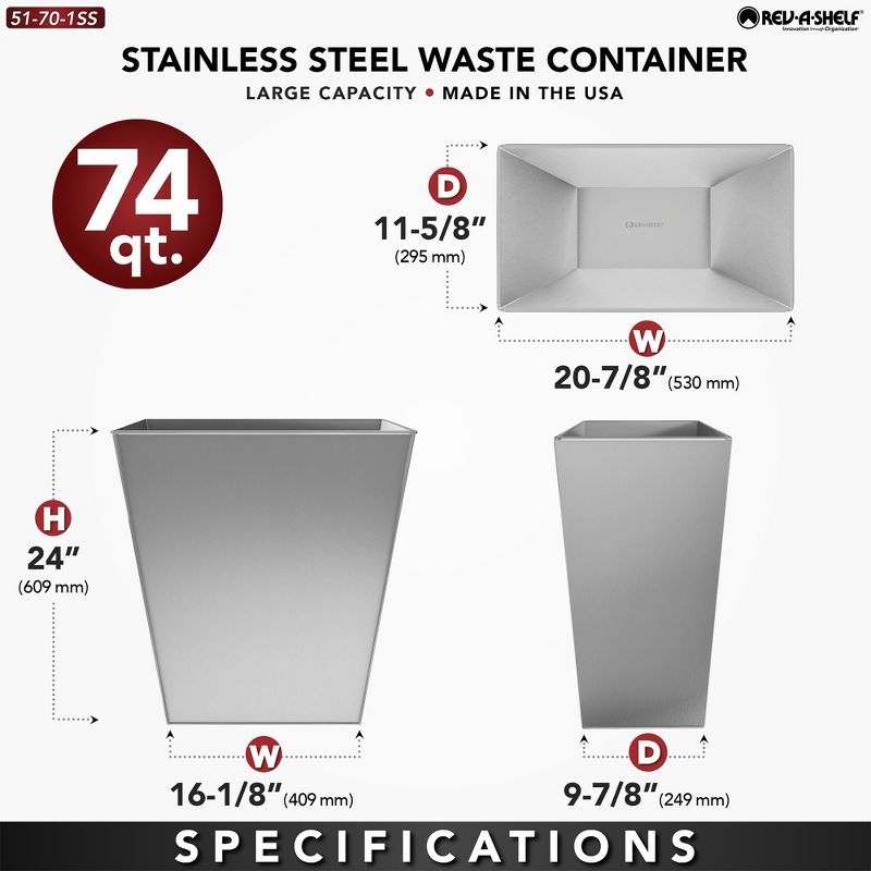 Rev-A-Shelf 74 Quart Stainless Steel Waste Container Wall Hugger Open Garbage Can Bucket for Indoor Home Kitchens, Silver, 51-701-SS, 4 of 7