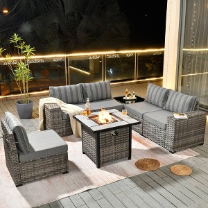 Marlton 7pc Wicker Outdoor Patio Furniture Set Conversation Sofa Set with a Fire Pit and Cushions - 1 of 4