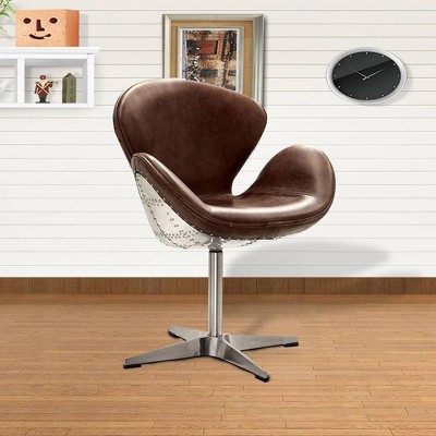 Retro Brown Leather and Metal Swivel Accent Chair