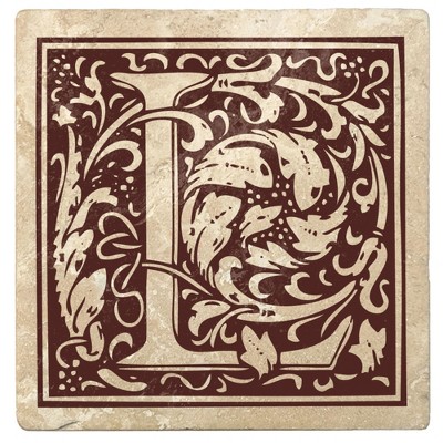 Christmas by Krebs Set of 4 Ivory and Brown "L" Square Monogram Coasters 4"