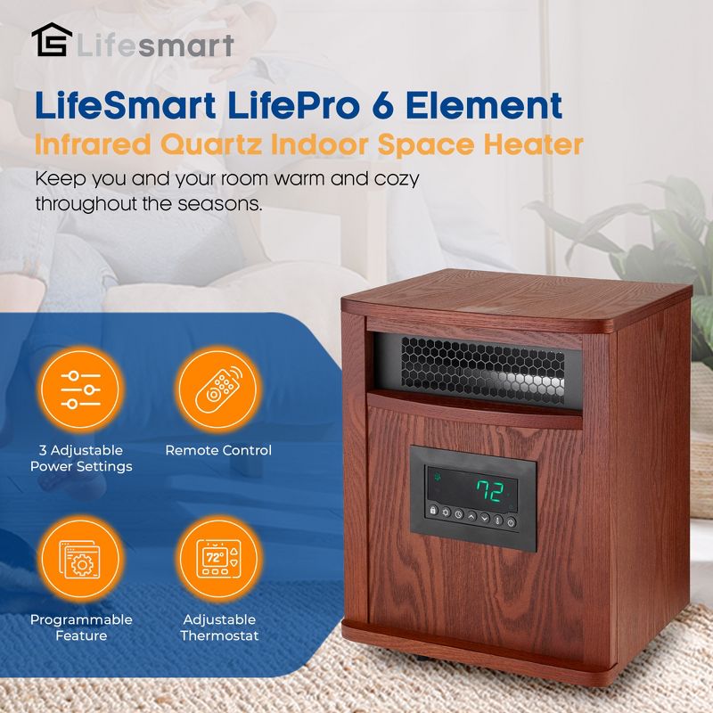 LifeSmart LifePro 1500W Portable Electric Infrared Quartz Indoor Space Heater with 6 Adjustable Heating Elements and Remote Control, Brown, 2 of 7