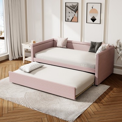 Twin Size Upholstered Daybed with Trundle and Nailhead-Trimmed Arms, Beige/Gray/Pink-ModernLuxe