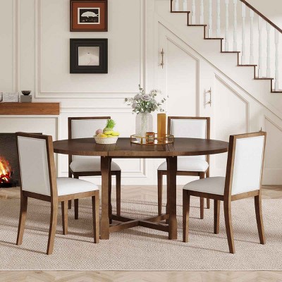 5 PCS Dining Set with Extendable Table, Farmhouse Style Dining Table with Removable Leaf, Wood Frame Chair with Polyester Cushion-Coolbibila