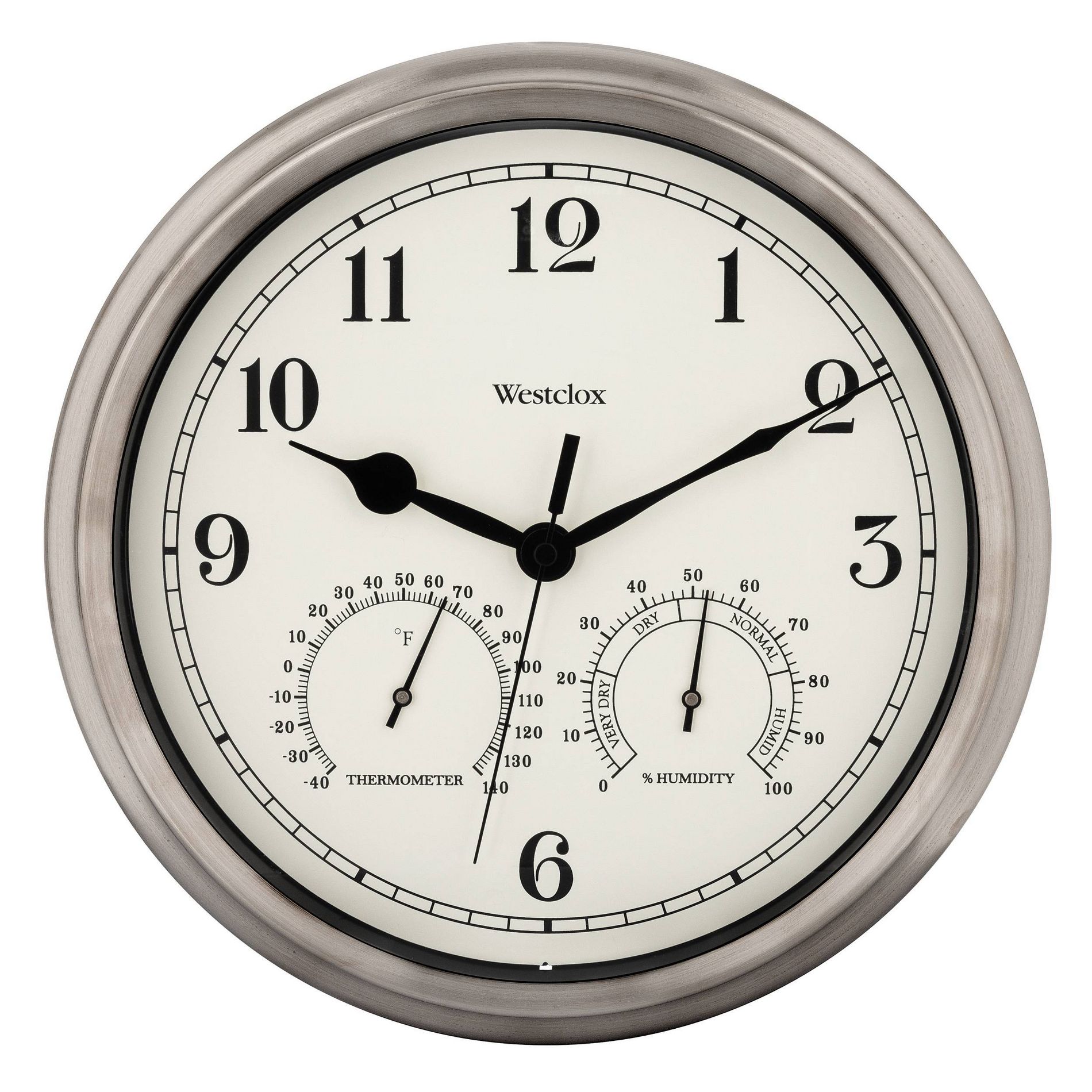 12" Indoor/Outdoor Wall Clock with Weather Resistant Temperature/Humidity Dials - Westclox: Nickel Finish, Quartz Movement