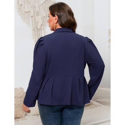 Женские куртки YesFashion Plus Size Women's Peplum Blazer Jacket, Double Breasted Puff Shoulder Lapel Suit Coat, Curvy Fit Office Casual Outerwear Navy Blue 2X — фото 5